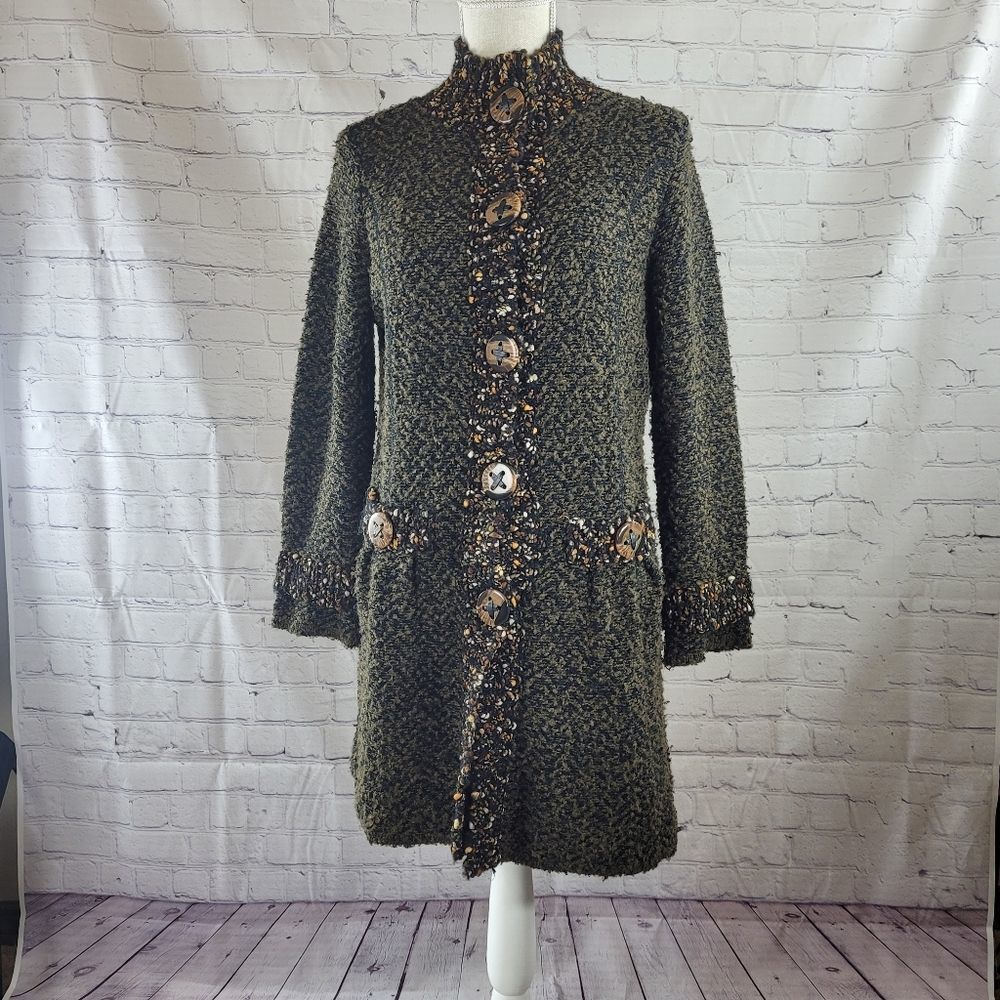 Anthro Curio Cozy Button Up Long Cardigan Brown & Tan, Sz PM Great Condition